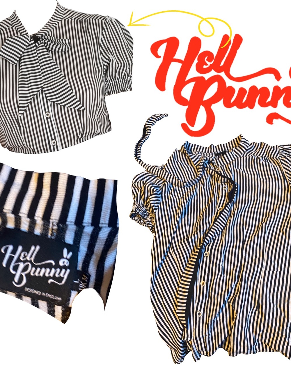 Hell Bunny Black & White Bow Striped Blouse Top